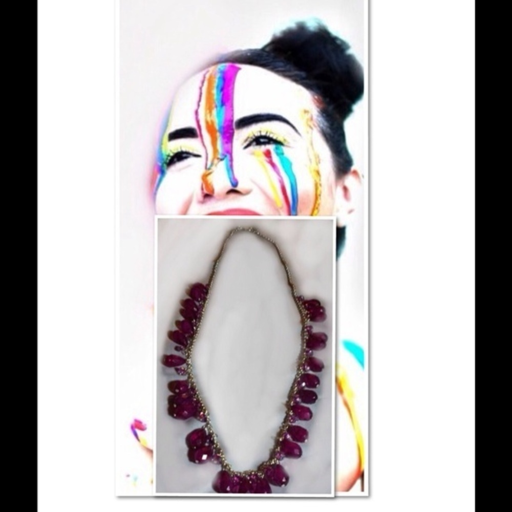 NWOT Long Silvertone Necklace with Fuchsia Stones